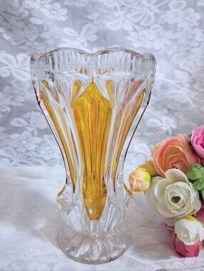Vintage Val St. Lambert Heavy Cut Crystal Glass Vase Yellow Butterscotch Panels